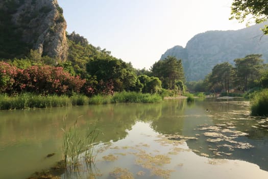 The beautiful lagoon at the beach next to the ruins of the ancient site of Olympos, Olympus, close to Antalya, Turkey 2022
