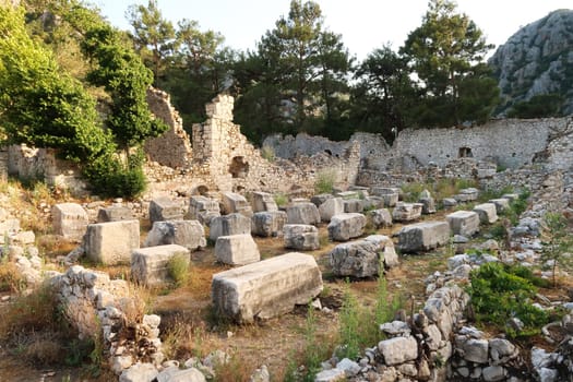 The remaining interior of the Ionic Temple at the ancient site of Olympos, Olympus, built in the name of the Roman Emperor Marcus Aurelius, close to Antalya, Turkey 2022