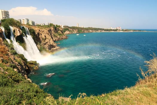 The Lower Düden Waterfalls in Antalya with a rainbow right next to them, Antalya, Turkey 2022