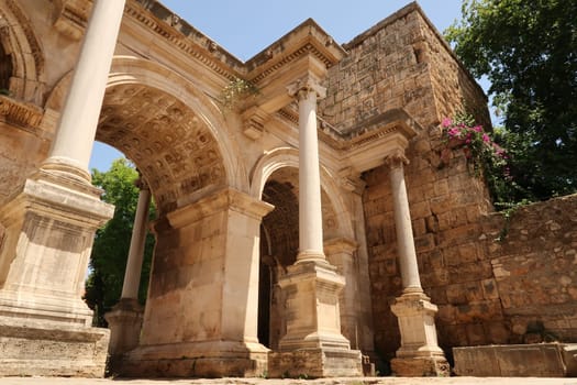 The majestic Hadrians Gate, famous ancient roman landmark in Antalya, Turkey 2022