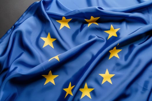 The EU flag with its circle of stars is elegantly draped, symbolizing unity.