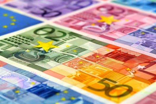 An assortment of vibrant Euro notes spread out, showcasing Europes financial diversity.