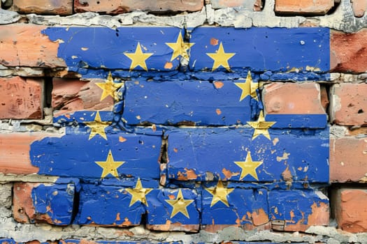 The EU flag stands out on an aging red brick backdrop, symbolizing unity amid decay.
