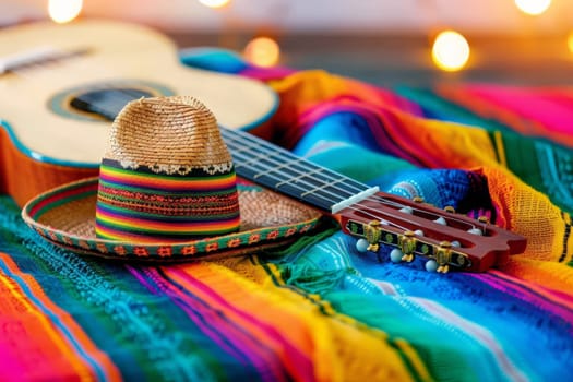 A sombrero and guitar rest on a bright serape, festivity in the air, symbolizing Cinco De Mayo.
