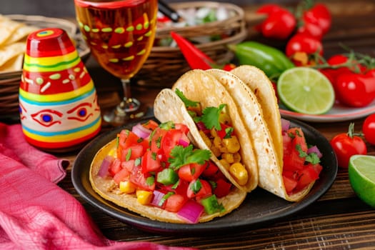 Colorful tacos line a plate, surrounded by Cinco de Mayo decorations and a festive atmosphere.