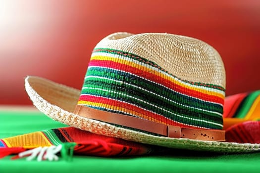 A traditional Mexican sombrero rests on colorful woven fabric, symbolizing Cinco de Mayo festivities.