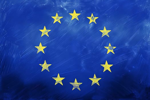 A vibrant painting capturing the iconic blue flag with a circle of gold stars, representing unity and solidarity among European nations.