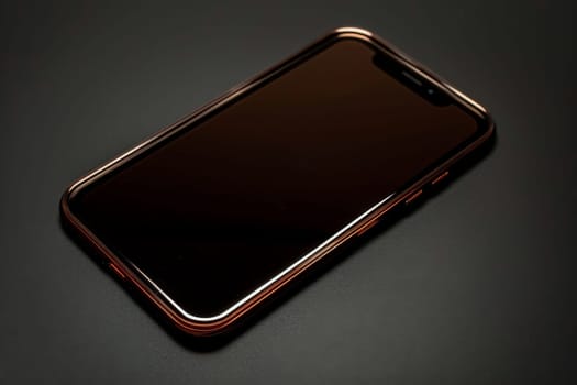 A sleek smartphone lies on a shadowy backdrop, its screen reflecting a subtle gleam.