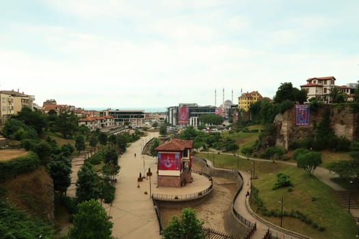 View from the Zagnos Pasha Bridge, Zagnos Pasa Köprüsü onto the Zagnos Valley Park, Zagnos Vadisi Parki, the sea is visible in the background, Trabzon, Turkey, 21st of June 2022
