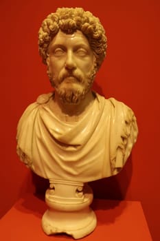 Marble bust of Marcus Aurelius at the archaeological museum of Ephesus, Selcuk, Turkey 18th of May 2022