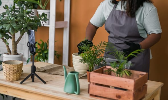 African american florist blogger filming tutorial video about transplanting plants in home garden. Make video vlog with mobile phone concept
