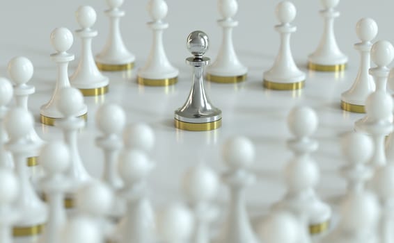 3d illustration of many white pawns plus a metallic one in the middle. Concept of becoming a better or different person with self-improvement.