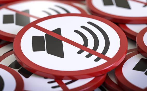Noise pollution and regulation concept. Circular signs with crossed-out sound symblol. 3D illustration