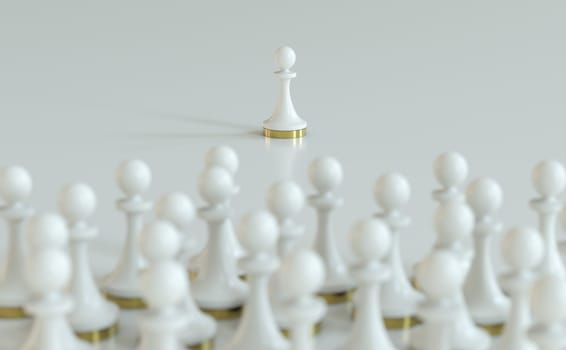 3d illustration of many pawns with another one isolated from the others. Concept of social isolation or isolating from society.