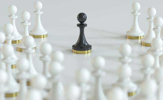 3d illustration of a black pawn surrounded by white ones. Concept of racial segregation or discrimination.