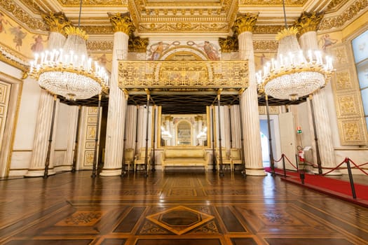 Turin, Italy - April, 2023: Royal Palace Ballroom. Luxury elegant ancient interior, circa 1860
