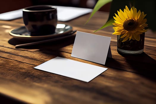 Blank paper table card on wooden table over bar blurry background