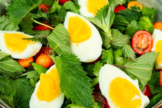 Homemade green salad with nettles, tomatoes and eggs. Ukrainian food. Close up.