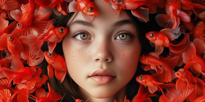 Girl portrait with red fish, mermaid in the ocean, fantasy world in the sea, fairy tale and imagination, positive mind and attitude