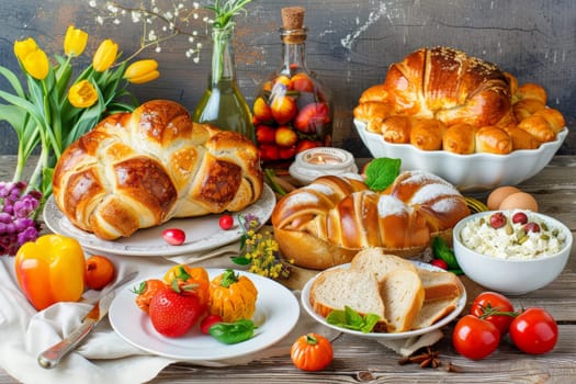 An abundant spread with Easter breads, dyed eggs, and fresh spring flowers celebrates the holiday.