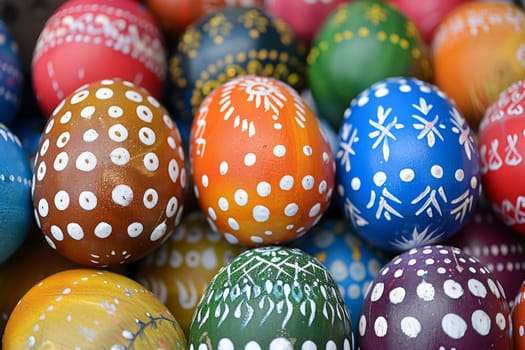 Vibrant hand-painted eggs adorned with intricate patterns in a festive Orthodox Easter display.