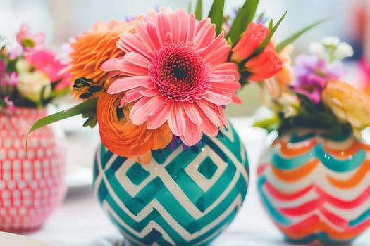 Three colorful vases holding fresh flowers are placed elegantly on a table, creating a lively and artistic display.