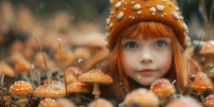 Little girl with red hair and fly agaric mushroom, autumn fantasy world in the forest, fairy tale