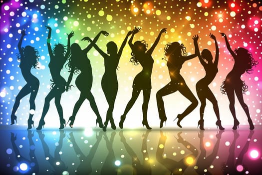 A dynamic scene unfolds as a group of women joyfully dance on a brightly lit stage, their silhouettes swaying and moving in unison.