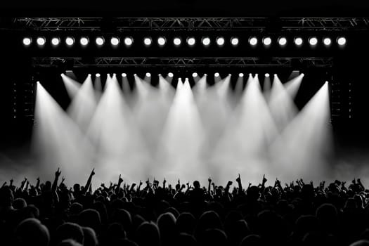 A black and white scene capturing a silhouetted concert stage with a lively crowd dancing beneath the atmospheric lights.