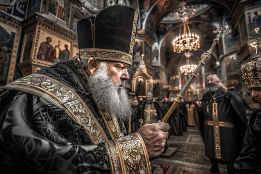 An Orthodox patriarch in ceremonial attire leads an Easter service, surrounded by clergy and iconography.