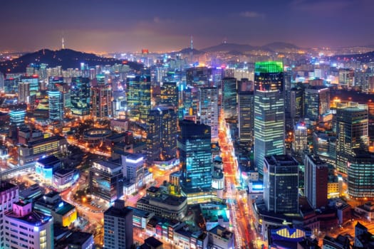 Seoul skyline ablaze with neon at dusk  energy pulsing through its arteries.