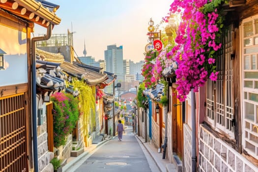 A tranquil walkway lined with vibrant flowers and historic architecture at sunset in South Korea.