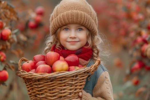 Young girl is holding a basket with fresh ripe red apples, healthy fruits, harvest in autumn, work on a farm or in a garden