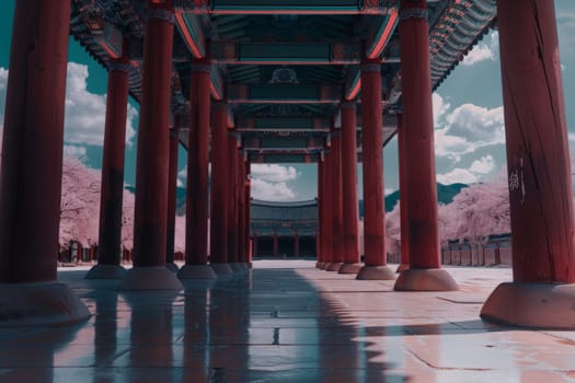 A tranquil walkway lined by vibrant cherry trees leads to a traditional South Korean temple.
