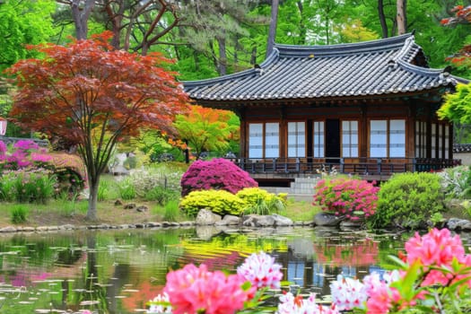 A traditional Korean pavilion amidst vibrant spring blossoms and lush greenery reflected in a tranquil pond.