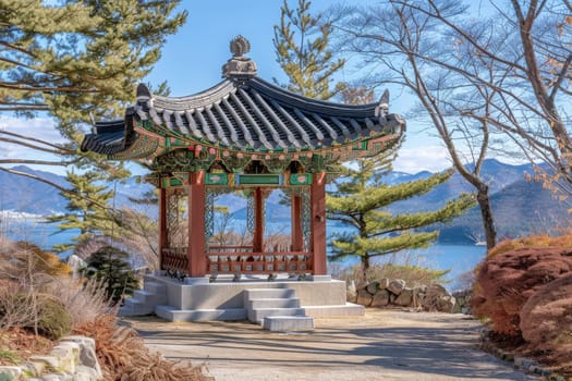 A traditional Korean pavilion graces a lakes edge, flanked by autumn trees under a clear sky.