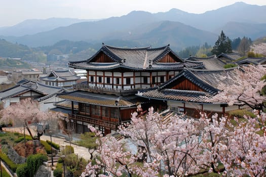 Traditional Korean houses nestled among cherry blossoms with mountain backdrop in spring.