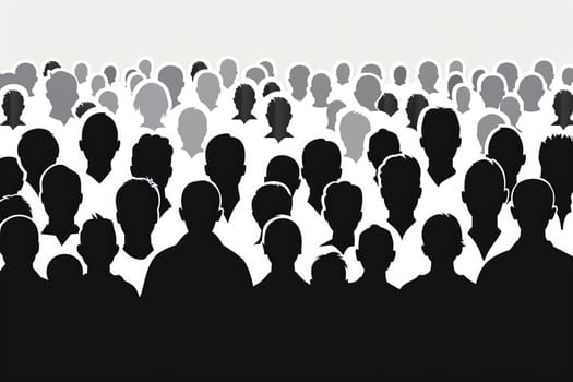 A diverse crowd of people stand shoulder to shoulder in front of a stark white wall, creating a striking contrast in this urban setting.