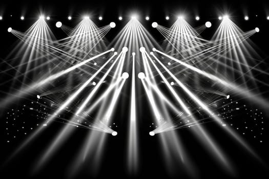 Silhouetted figures stand under the brilliant glow of spotlights on a stage, creating a dramatic and captivating scene.