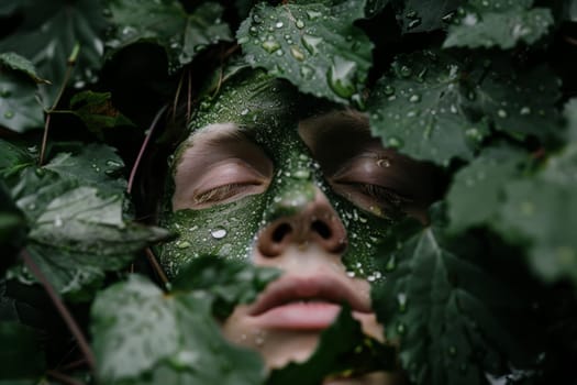 A woman wearing a face mask made of luscious green leaves, blending nature with protection in a mystical and captivating way.