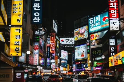 Bright neon signs illuminate the vibrant nightlife in a bustling South Korean district.