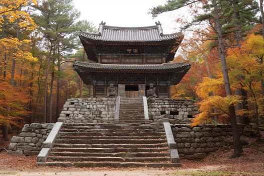 A serene temple stands guarded by a stone staircase and embraced by autumn foliage.