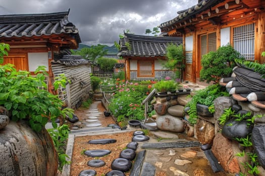 Traditional Korean Hanok with stone walkway and vibrant garden under an overcast sky.