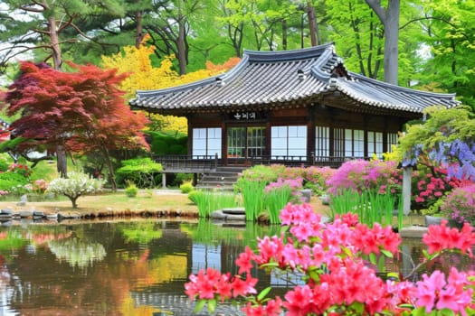 Traditional Korean pavilion amidst a vibrant garden in full bloom.