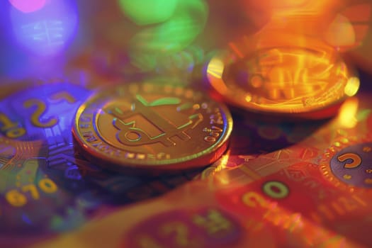 A vivid display of South Korean won coins and bills bathed in hues of purple and gold.