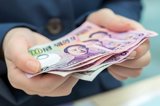 A person stands holding a stack of South Korean money, exuding confidence and wealth.