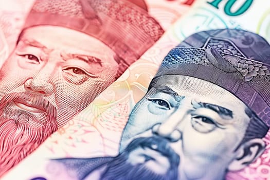 A close-up of South Korean won bills, highlighting the colorful portraits and intricate designs.