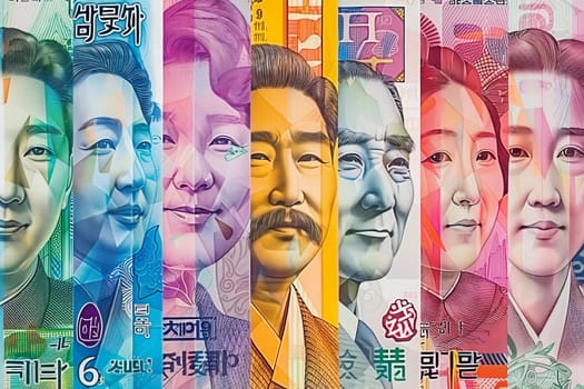 A collection of money adorned with intricate Asian characters symbolizing prosperity and fortune.
