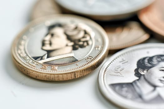 A close-up of assorted South Korean won coins, highlighting intricate designs and monetary value.