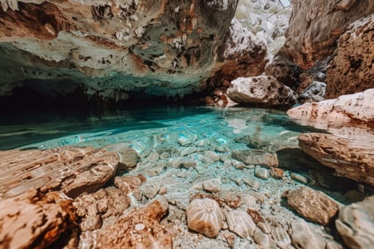 A tranquil body of water nestled within the depths of a mysterious cave, illuminated by soft, filtered light from above.